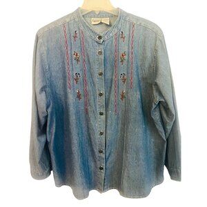 Vtg Capacity Woman Floral‎ Embroidered LS Denim Shirt 2X Cotton Made In Turkey